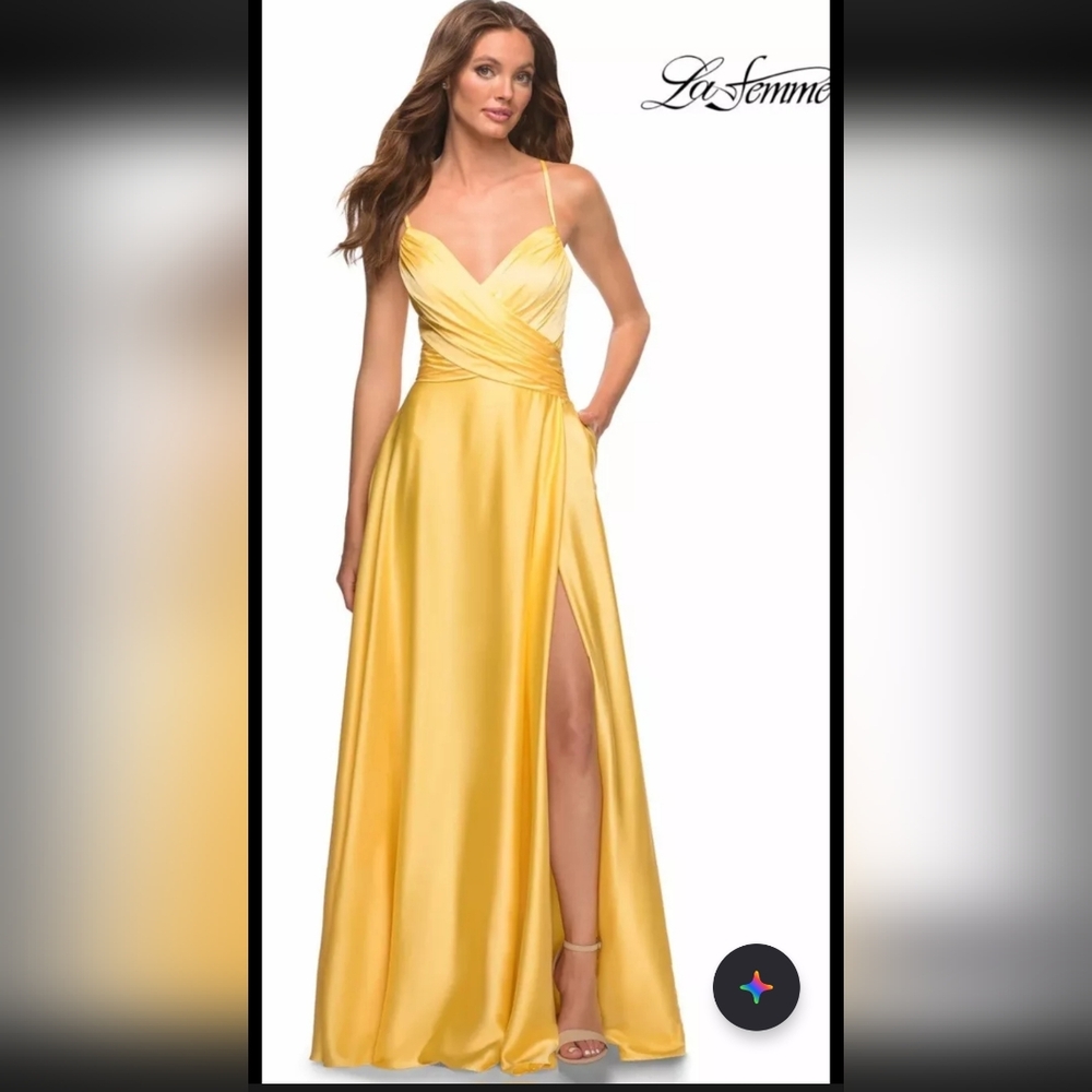 Woman's La,Femma Satin Yellow Prom Gown